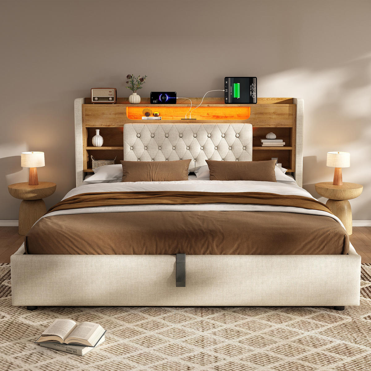 POLSTERBETT 160/200 cm in Beige mit Bettkasten, LED und USB-C - Beige, Holzwerkstoff/Textil (160/200cm) - WISHDOR