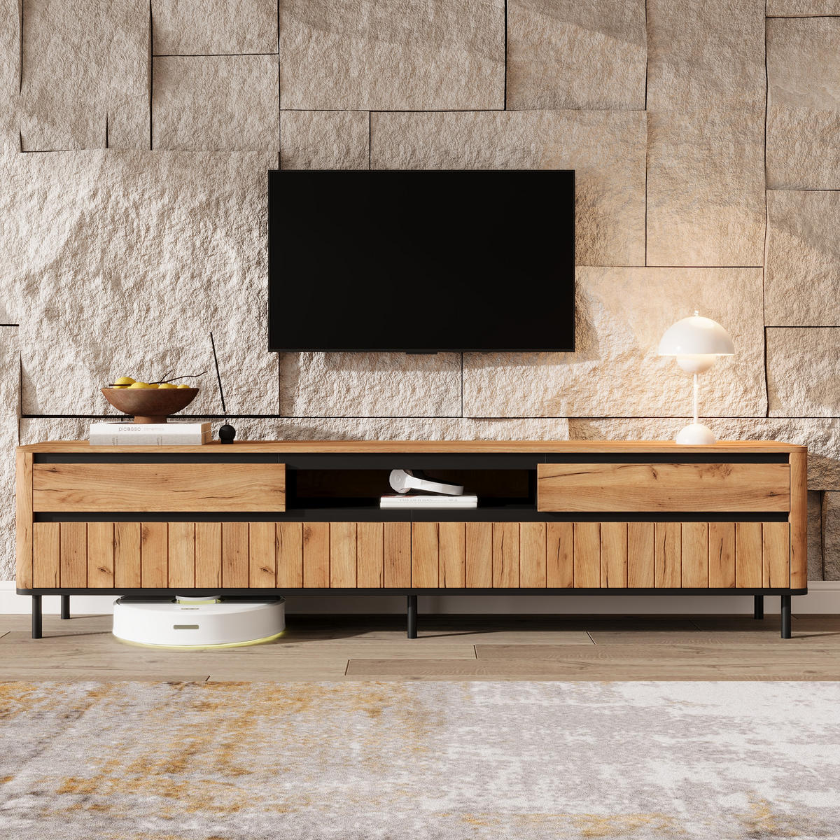TV-SCHRANK 180/40/52 cm Naturholz mit 2 Schubladen und 2 Klapptüren - Schwarz, Holzwerkstoff/Metall (180/52/40cm) - Oxeza