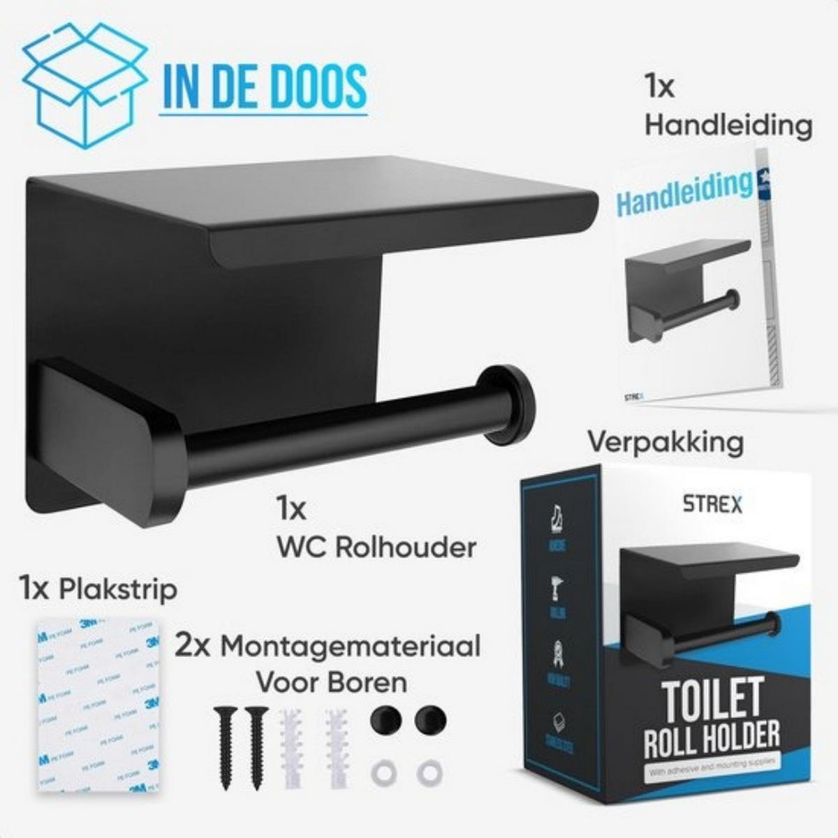 TOILETTENPAPIERHALTER Schwarz mit Ablage klebend oder Bohrung für Toilettenpapier - Schwarz, Metall (10/10/14cm) - MCBOSON