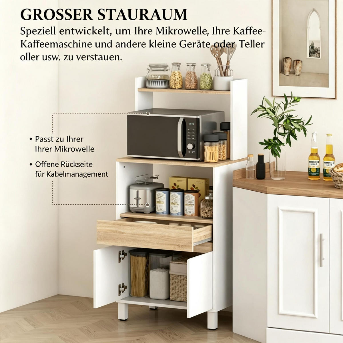 BUFFET DE-38820 60/40/131 cm Mikrowellenfach und Schublade Weiß - Weiß, Holzwerkstoff (60/131/40cm) - ComfortXL