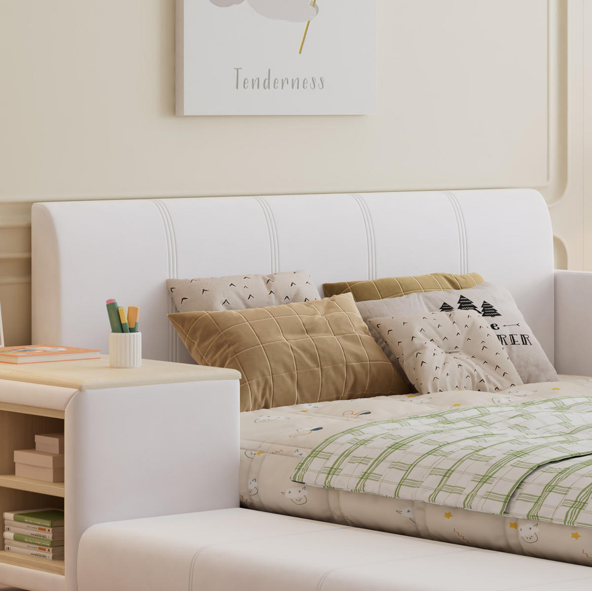 POLSTERBETT 140/200 cm Weiß aus Samt mit Schreibtisch und Hocker - Weiß, Textil (140/200cm) - OKMYHOME