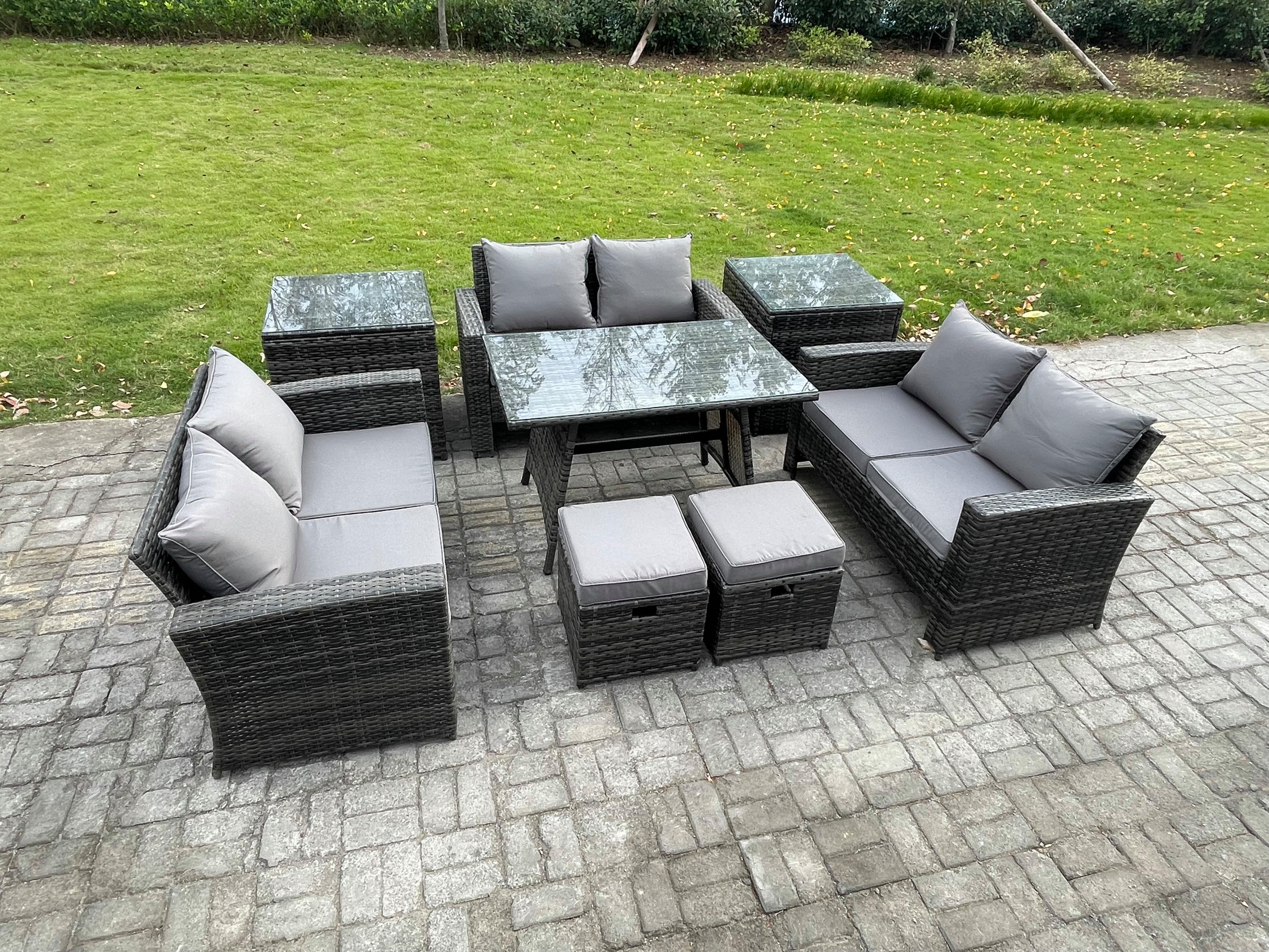GARTENMÖBELSET mit ESSTISCH,HOCHLEHNER-SOFA Polyrattan Dunkelgrauer Mix 8-Sitzer - Dunkelgrau/Grau, Glas/Kunststoff - Fimous