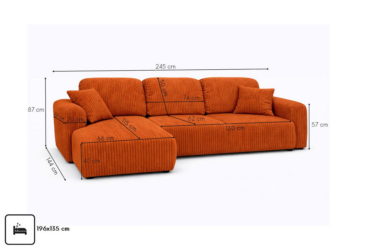 ECKSOFA Mit Schlaffunktion Und Bettkasten, Sofa L-Form Bingo L, Cordstoff Poso, Kupfer, Links - Orange, Holz (245/144cm) - Kaiser Möbel