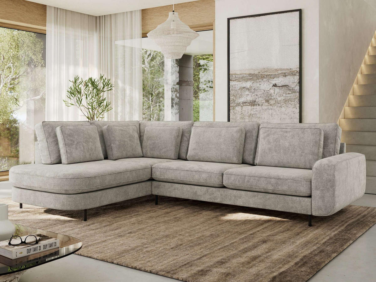ROHOVÁ SEDAČKA CALENO L - Světle šedá hladký senil - Pravá Strana - černá/světle šedá, kov/textil (317/225cm) - MKS