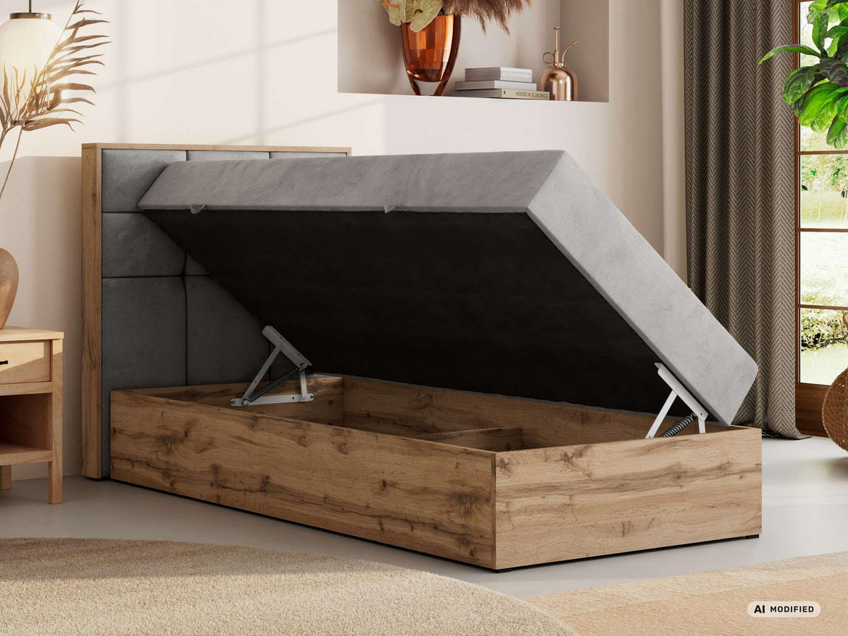 BOXBETT ALBERO 1 90/200 - Hellgrau Velvet - Topper Visco - H3 - Links - Hellgrau/Schwarz, Kunststoff/Textil (90/200cm) - MKS