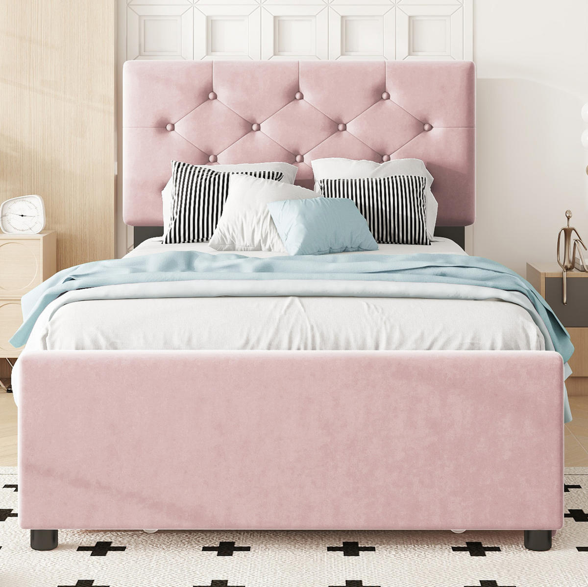 POLSTERBETT 90/200 cm Rosa mit Rollbett und Lattenrost, Samt - Pink, Textil (90/200cm) - MIVRAY