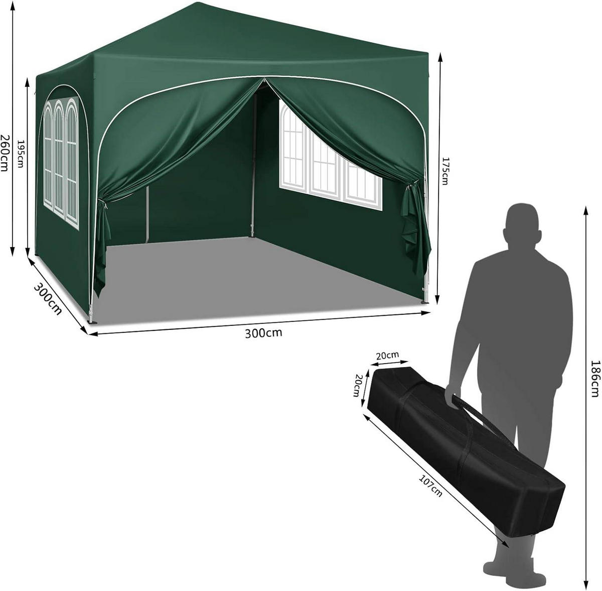 PAVILLON, Faltpavillon 3x3 m, mit 4 Seitenwänden, Grau - Grün, Metall (300/260/300cm) - Woltu