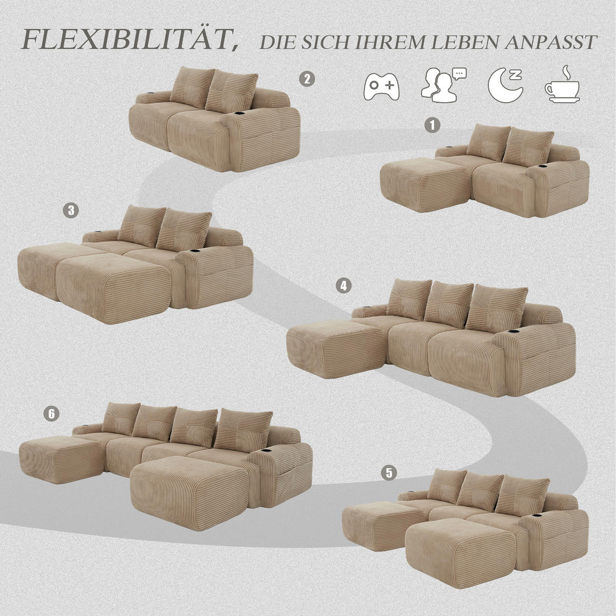 4-SITZER Wohnlandschaft Cord mit Getränkehalter und Seitentasche 333/174/80 cm Sandfarben - Sandfarben, Textil (174/80/333cm) - Redom