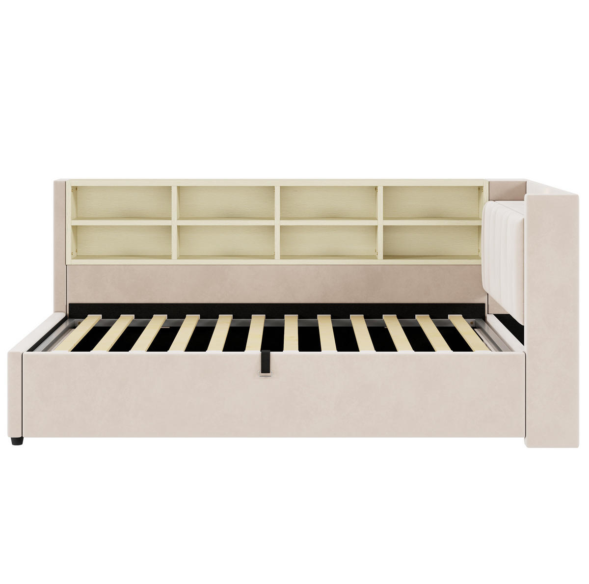 POLSTERBETT 90/200 cm aus Samt mit Nachtlicht, USB-, Typ-C-Anschluss, Bettkasten und Ablagefächern, Beige - Beige, Textil (90/200cm) - Redom