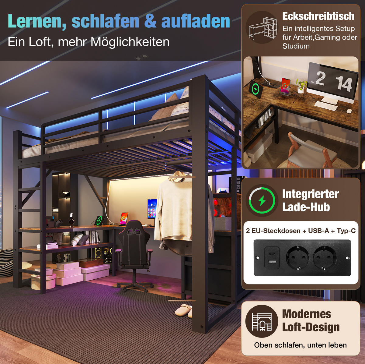 HOCHBETT aus Metall und MDF 140x200 cm Vintage-Braun-Schwarz mit Schreibtisch, LED und 7 Stoffschubladen - Schwarz, Metall (140/200cm) - Modfu
