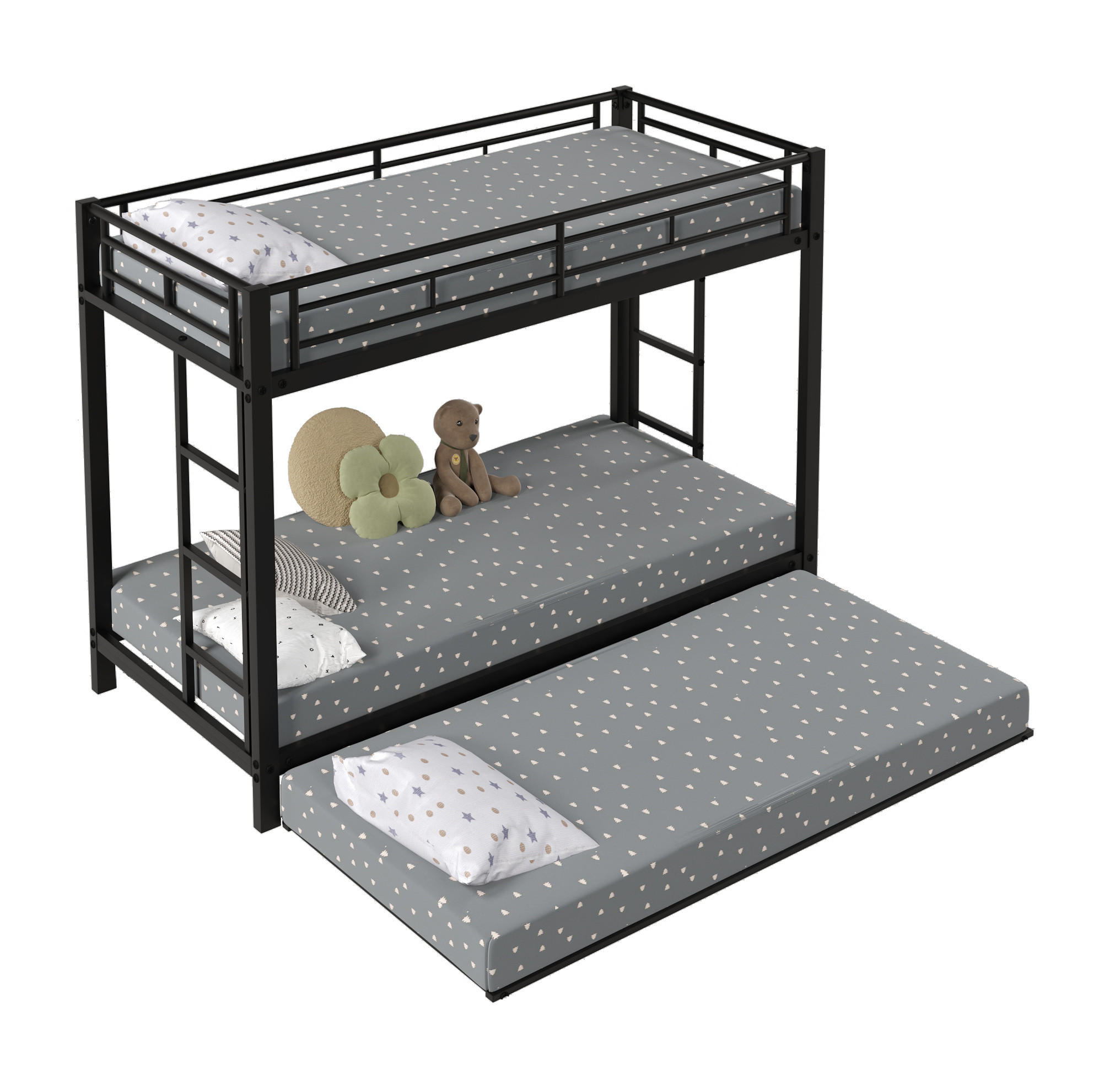 ETAGENBETT 90/200 cm in Schwarz aus Metall mit Ausziehbett und hohem Sicherheitsgeländer - Schwarz, Metall (90/200cm) - OKMYHOME
