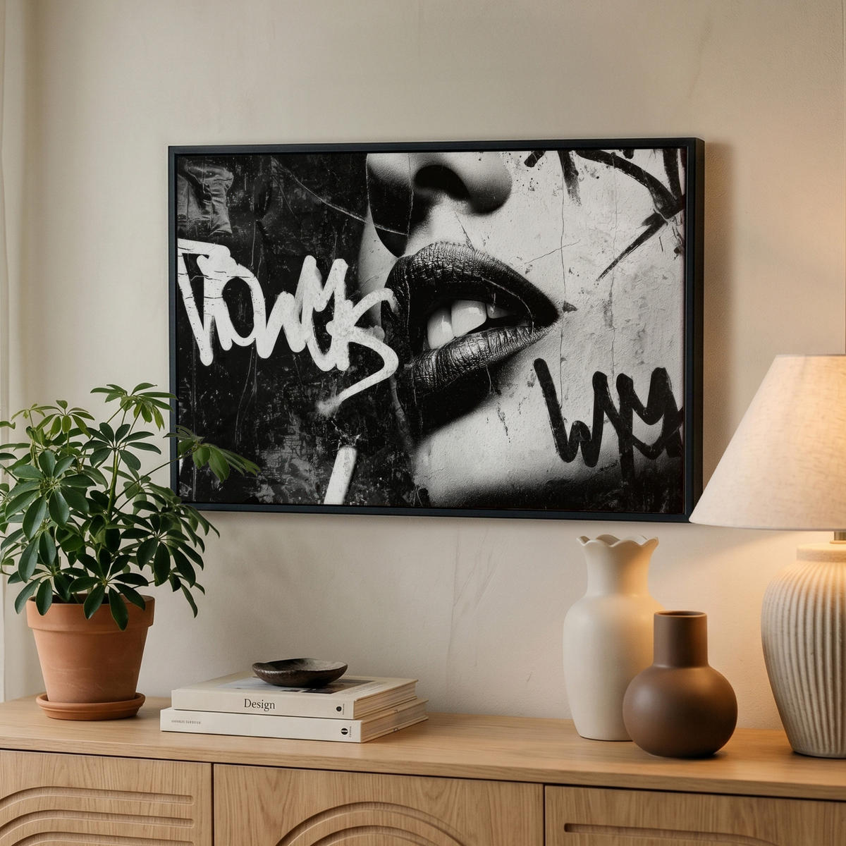 LEINWAND Bilder mit Rahmen - Gesicht - Mund - Graffiti - Schwarz - 60x40 - Schwarz, Textil (60/40cm) - MuchoWow