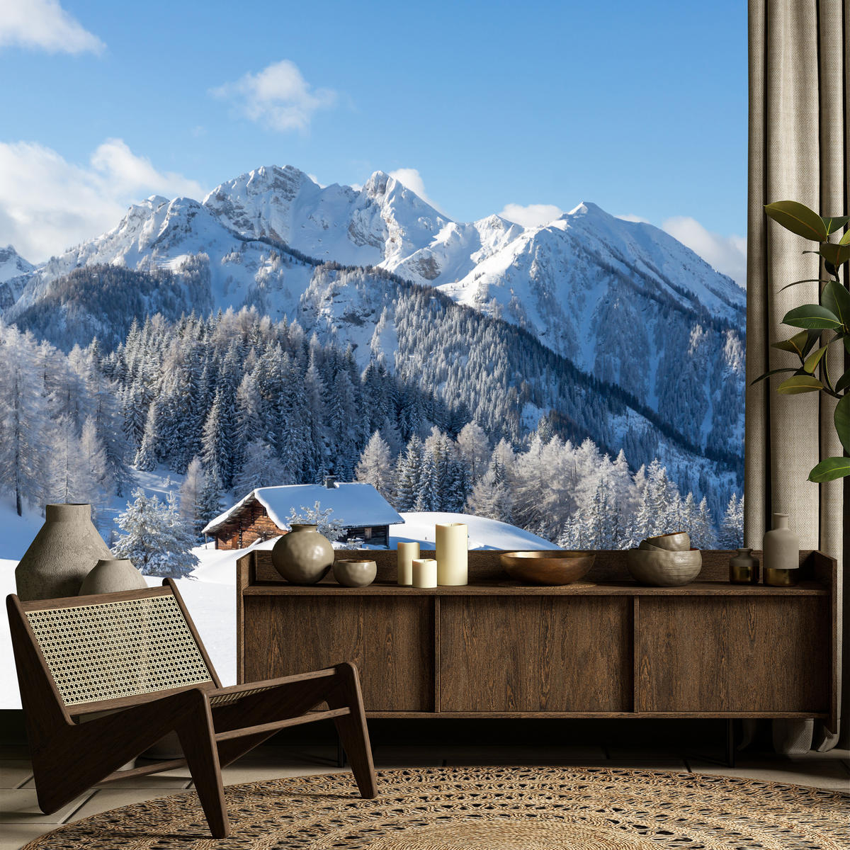 FOTOTAPETE für Wohnzimmer Felsige Berge Winter Tannen Holzhütten Schnee 300x210 - Braun/Weiß, Papier (300/210cm) - Muralo