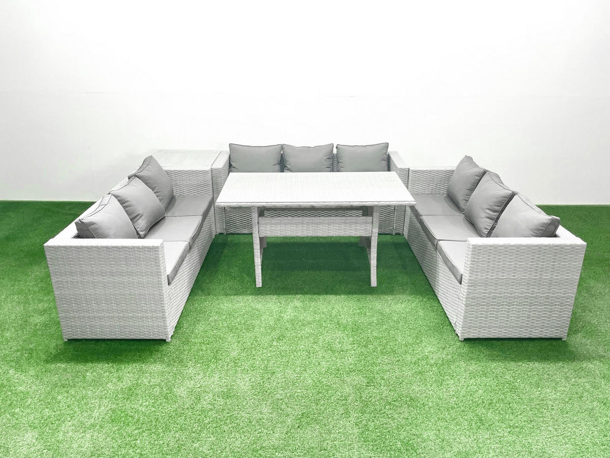 GARTENSET mit Esstisch,Sofa ,Beistelltisch Polyrattan Hellgrau 9-Sitzer - Hellgrau/Grau, Glas/Kunststoff - Fimous