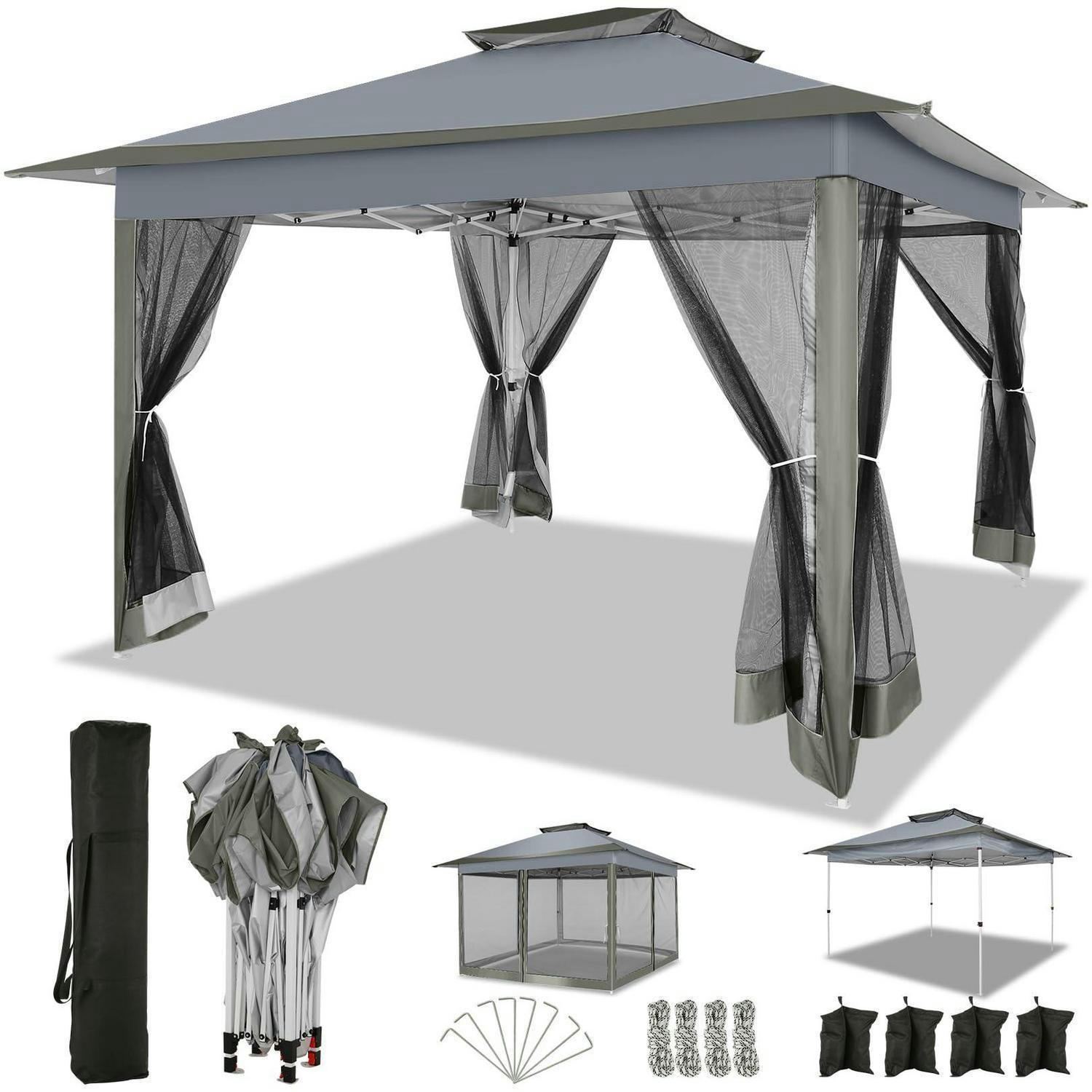 PAVILLON 3,65 x 3,65 m Dunkelgrau mit Moskitonetz - Grau, Textil (365/275/365cm)