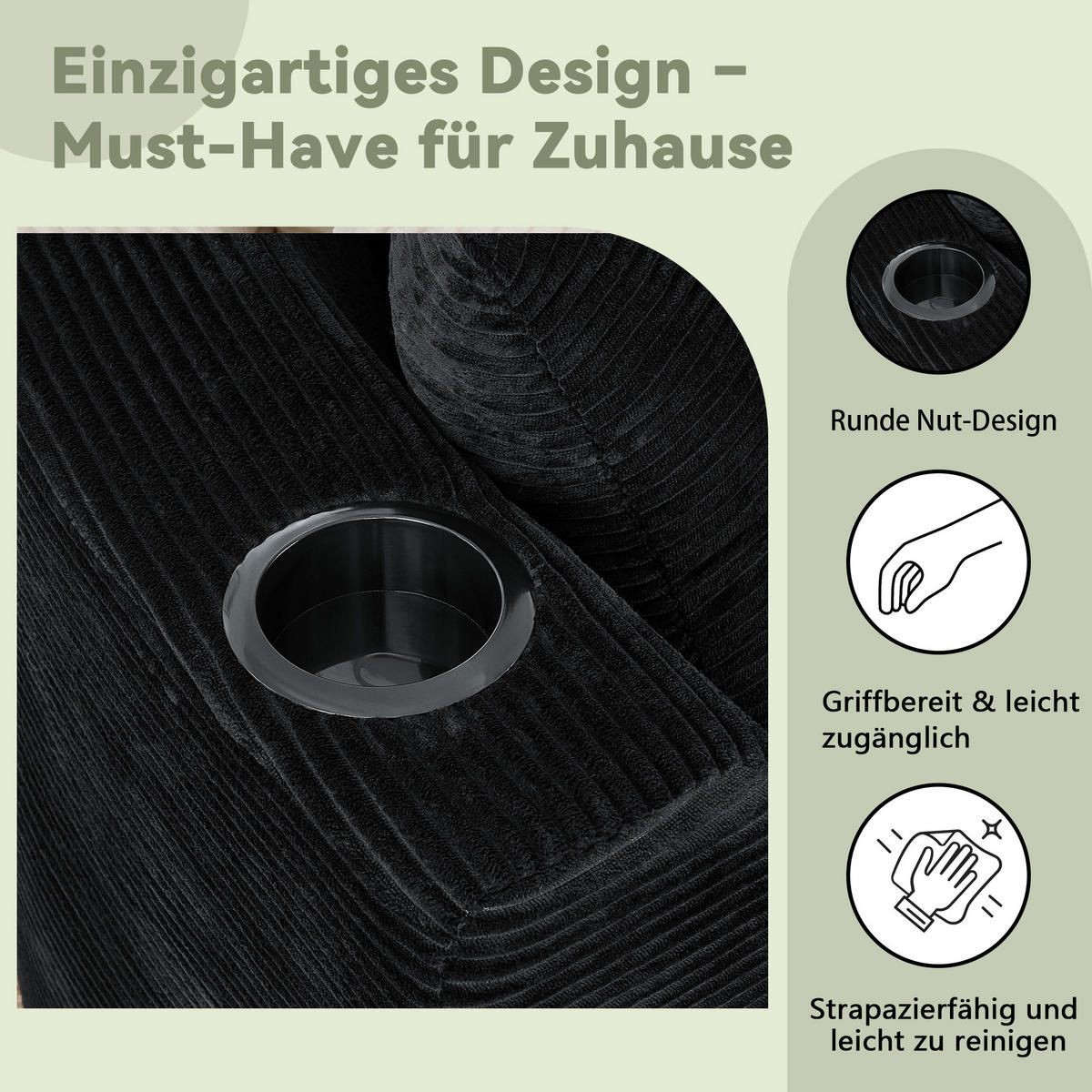 3-SITZER ECKSOFA Cord Schwarz mit Getränkehaltern und Kissen - Schwarz, Textil (264/168cm) - WISHDOR