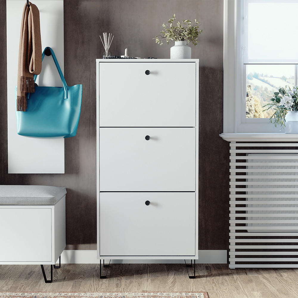 SCHUHKIPPER Siri Weiß 36 x 135 cm mit 3 Klappschubladen - Weiß, Holzwerkstoff (130/60/26cm) - Vicco