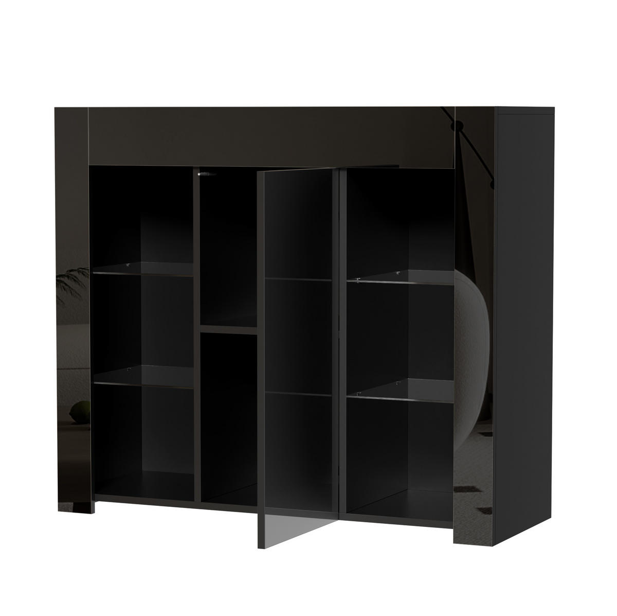 SIDEBOARD aus Spanplatte 95x35x83 cm Schwarz mit Hochglanz-Front, Glaseinlegeböden und Schranktür - Schwarz, Holzwerkstoff (95/83/35cm) - Modfu