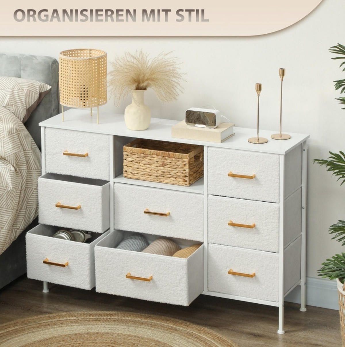 KOMMODE aus Polyester 110x30x76 cm Cremeweiß mit 8 Schubladen, Ladestation und Bouclé-Oberfläche - Creme, Holzwerkstoff (110/76/30cm) - Modfu