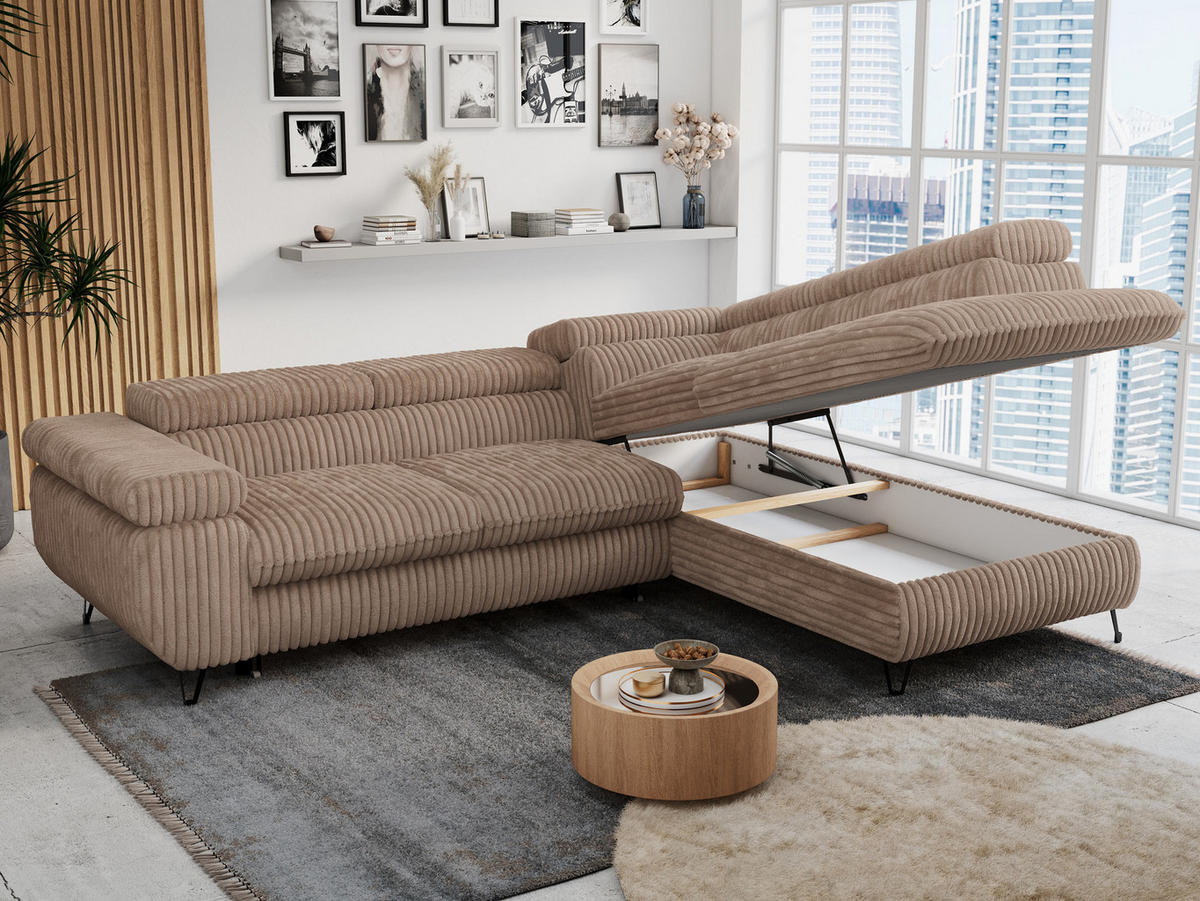 ECKSOFA PETER L Braun Cord - Rechts Seite - Schwarz/Braun, Textil/Metall (273/208cm) - MKS