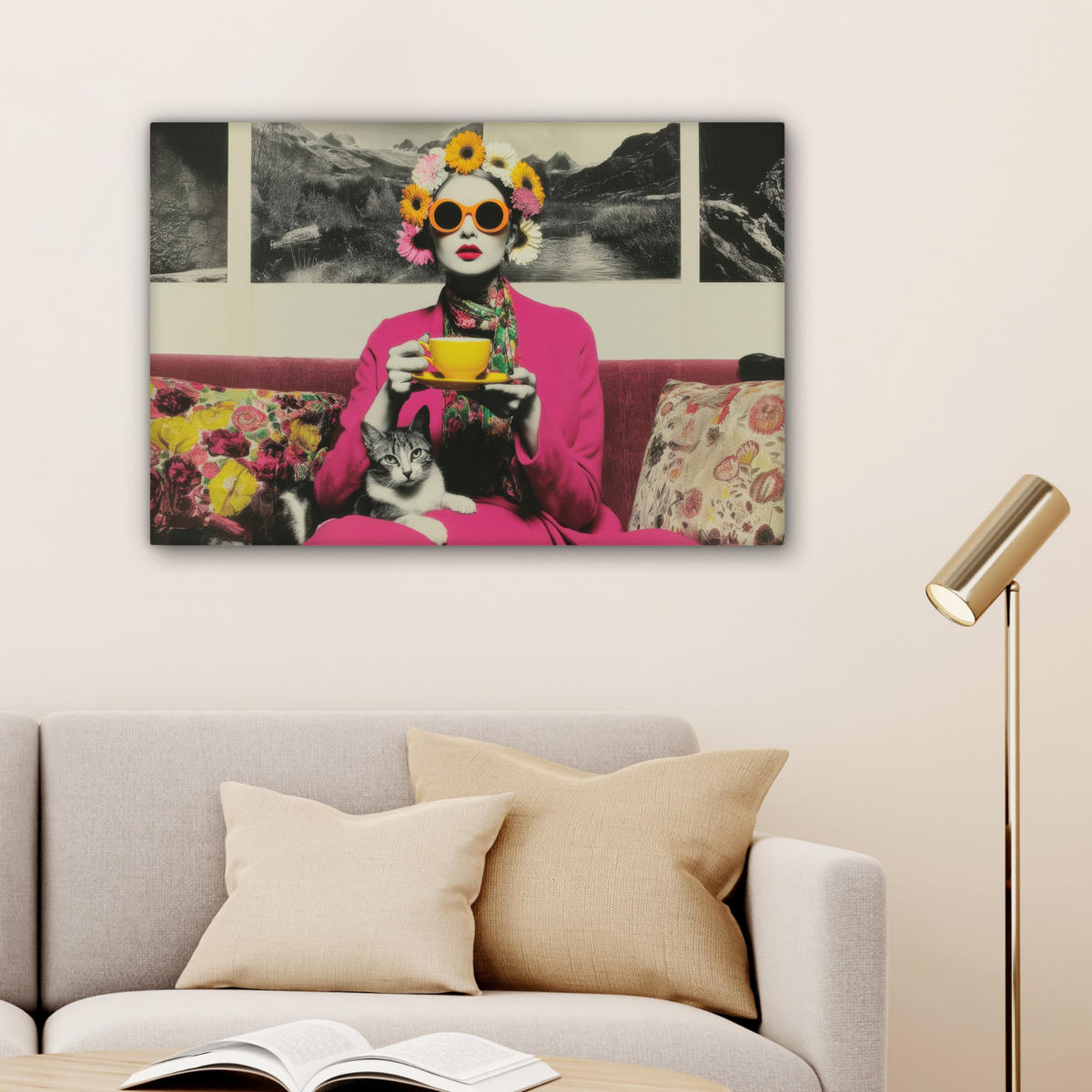 LEINWANDBILD Frau - Katze - Blumen - Tasse - Retro Wanddeko 90x60 cm - Magenta, Textil (90/60cm) - MuchoWow