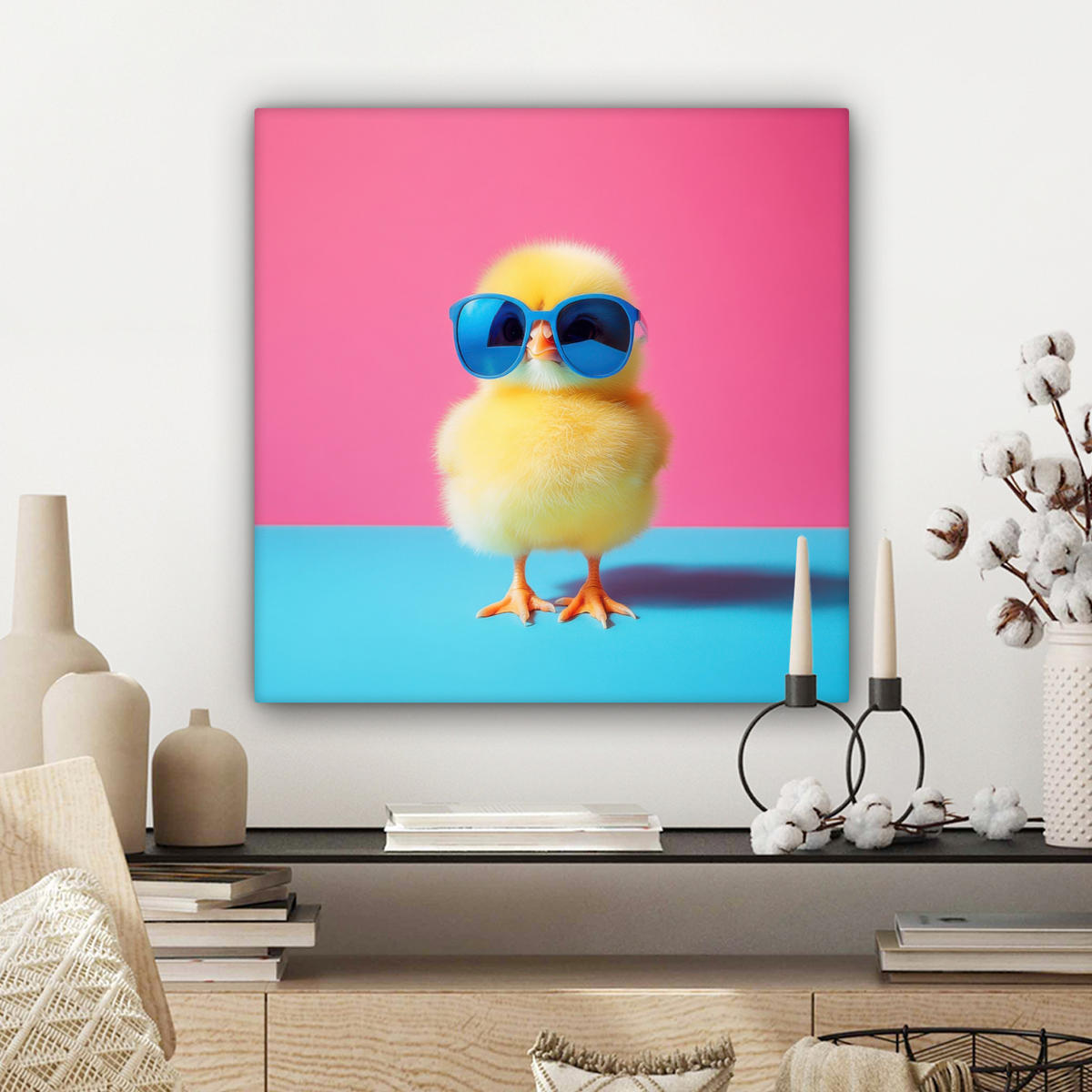 LEINWANDBILD Chick - Sonnenbrille - Blau Wandbild Wohnzimmer 50x50 cm - Pink/Gelb, Textil (50/50cm) - MuchoWow