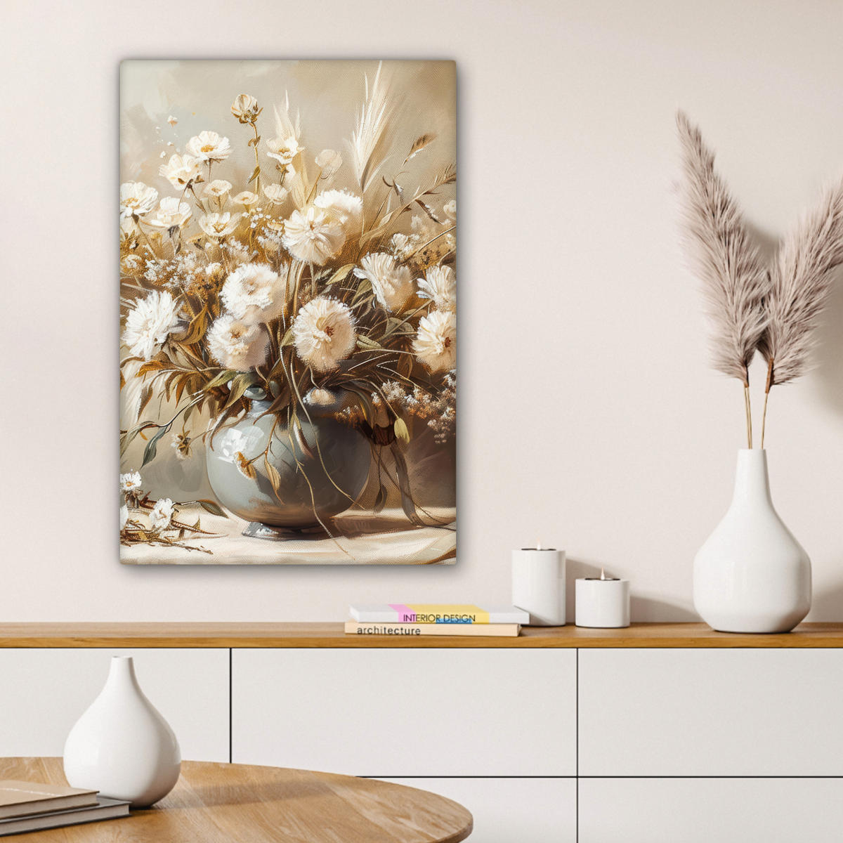 LEINWANDBILD Blumen - Vase - Stilleben - Beige Wanddeko 40x60 cm - Creme, Textil (40/60cm) - MuchoWow