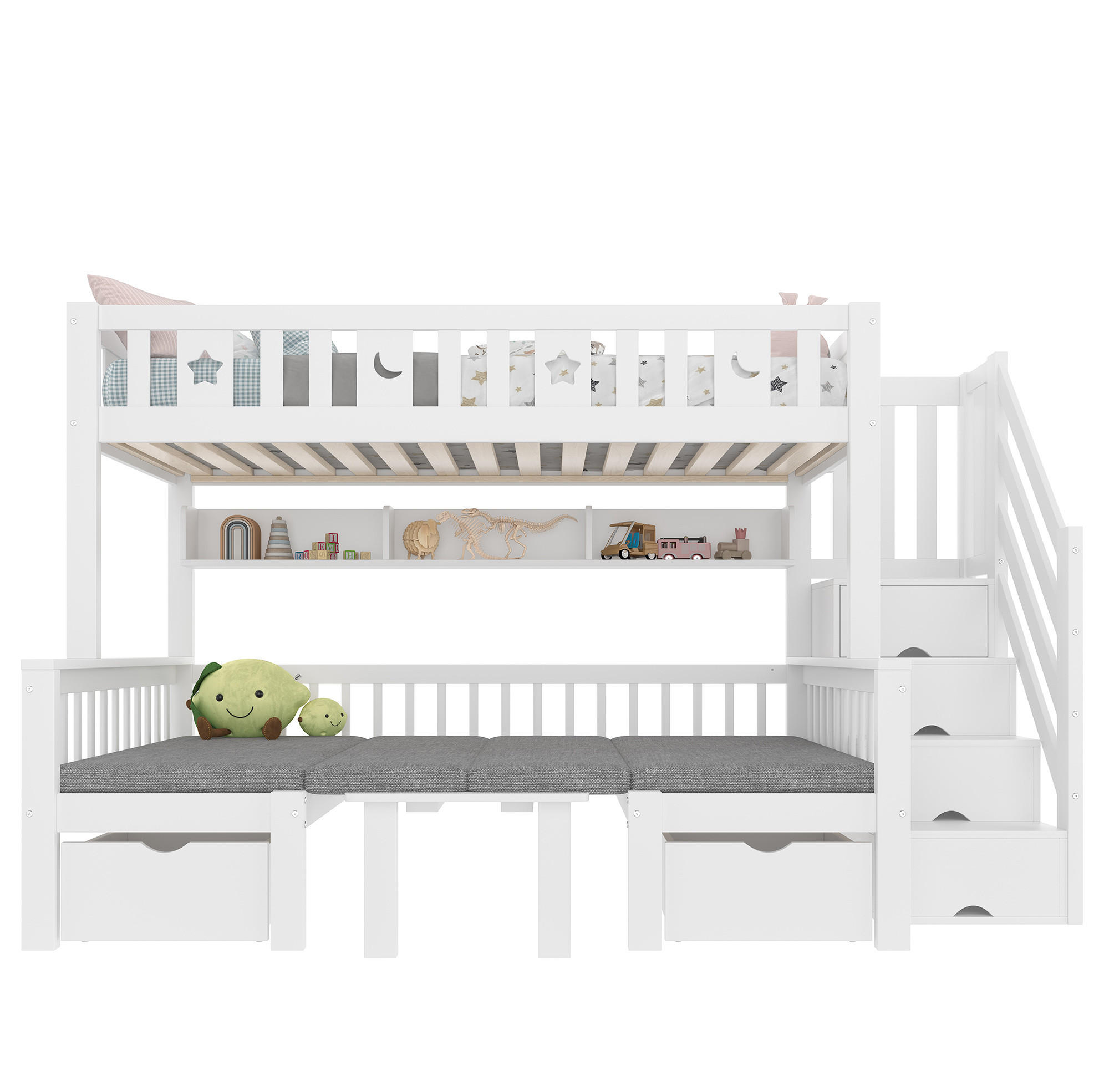 HOCHBETT 2-in-1 mit Klapptisch, Stauraumleiter, weiß, 90/200 cm - Weiß, Holz (90/200cm) - MIVRAY