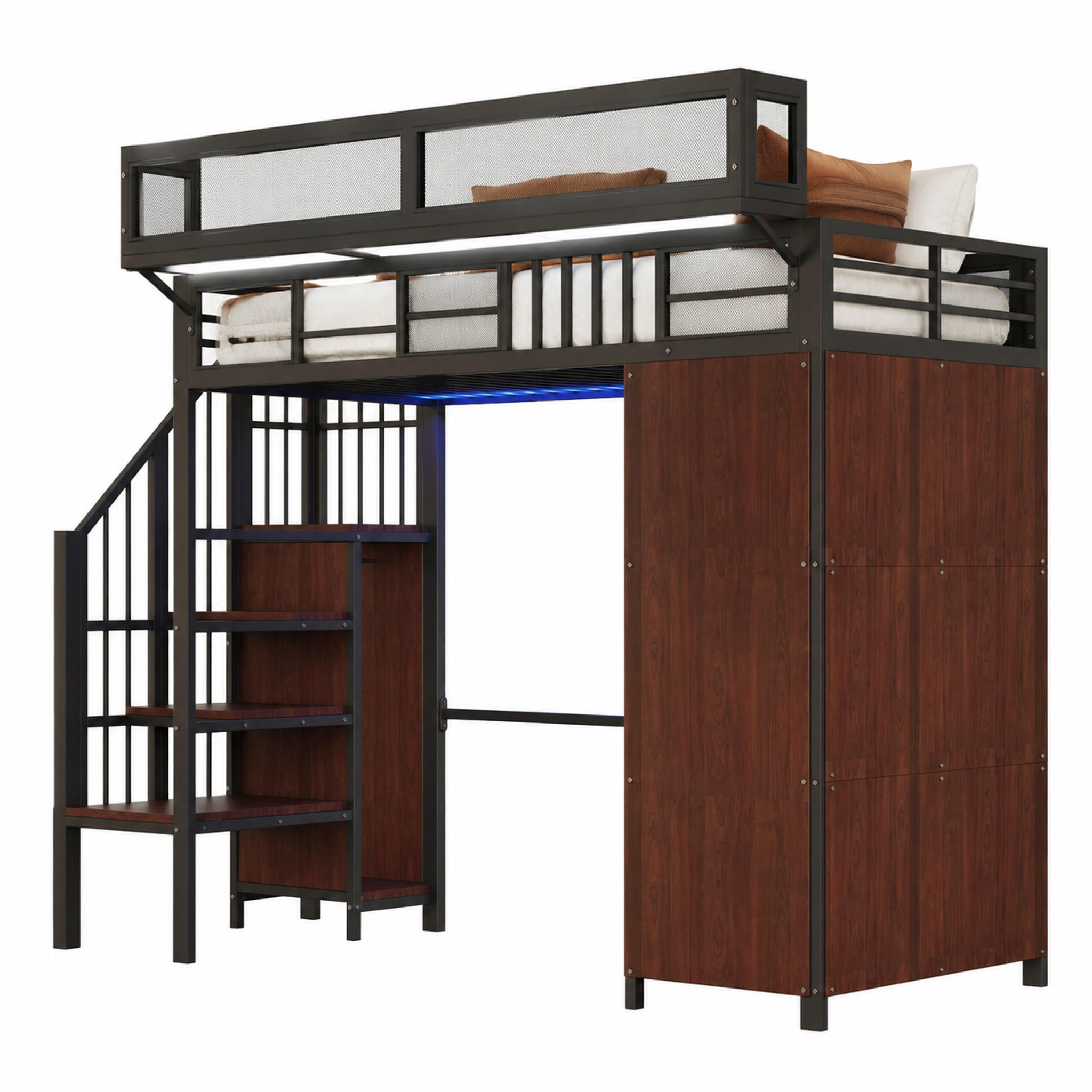 HOCHBETT mit Kleiderschrank 90x200 cm Metall/Holz Schwarz - Schwarz, Metall (90/200cm) - Meubliv