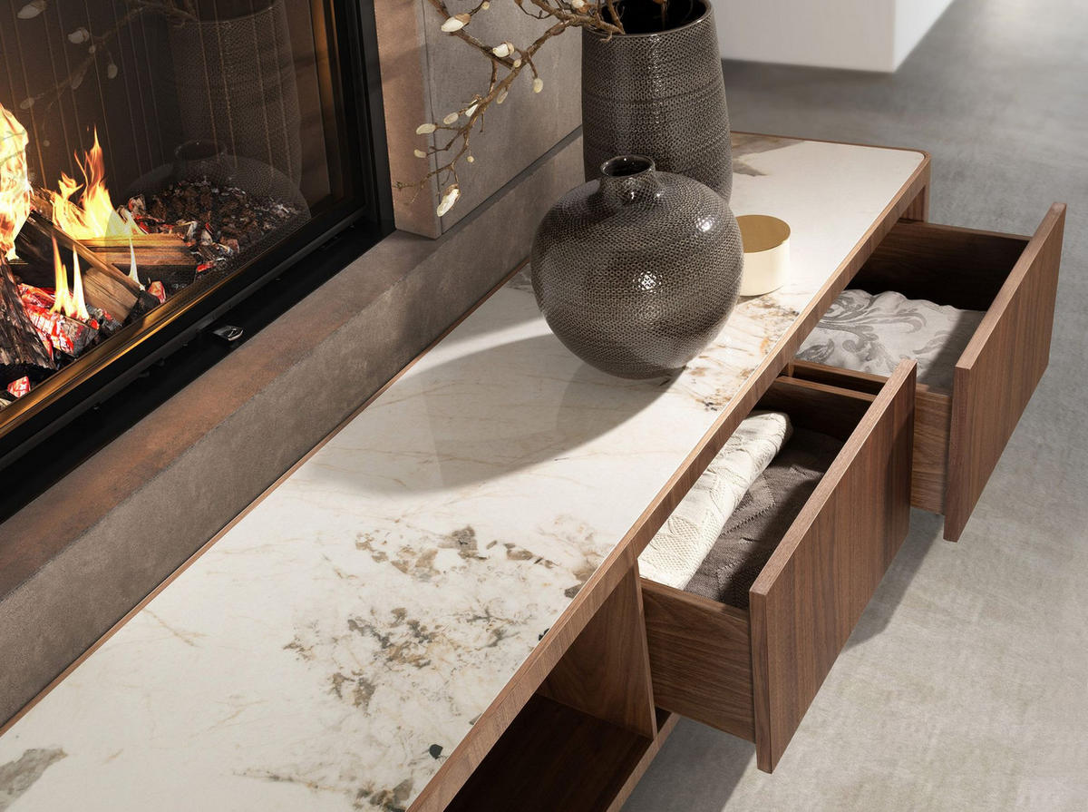 TV-MÖBEL Modell 3311 aus Nussbaum, Keramikmarmor und goldfarbenem Edelstahl - Goldfarben/Nussbaumfarben, Keramik/Holz (200/42/45cm) - ANGEL CERDA