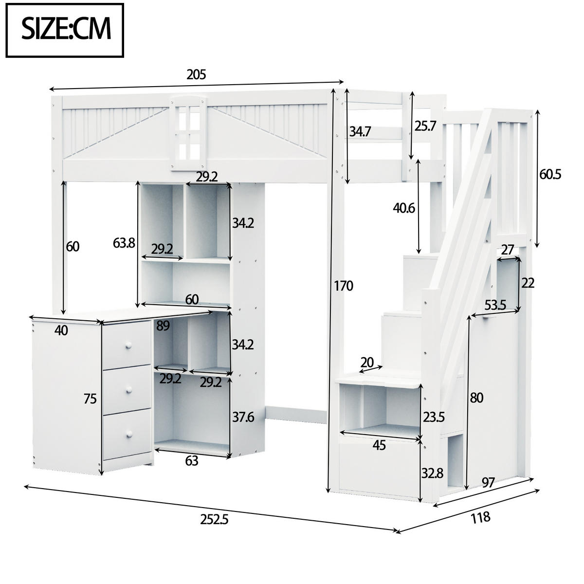 HOCHBETT 90/200 cm aus Massivholz mit integriertem Schreibtisch und Stauraum in Weiß - Weiß, Holz (90/200cm) - OKWISH
