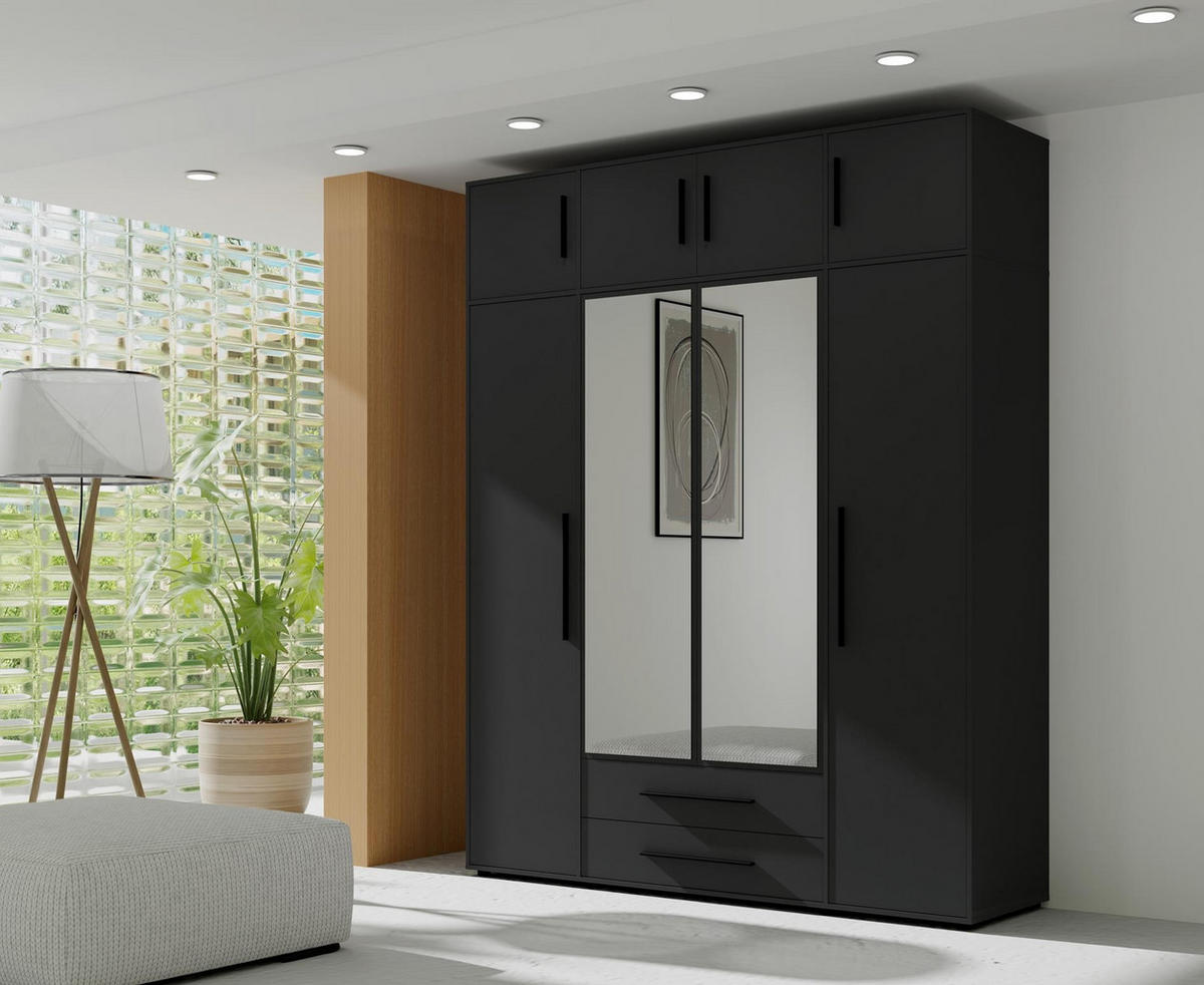 KLEIDERSCHRANK Maxivo Schwarz, viertüriger Kippschrank mit Schubladen und Spiegel, Erweiterung - Schwarz, Holzwerkstoff (198/248/59cm) - Bettso