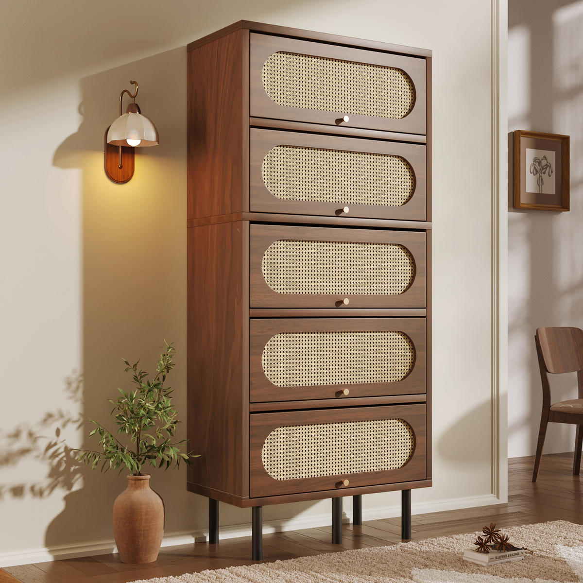 SIDEBOARD aus Holz 80x40x163 cm Nussbaum mit 5 Klappen, Rattan-Front und Metallbeinen - Walnussfarben, Holzwerkstoff (80/163/40cm) - Modfu