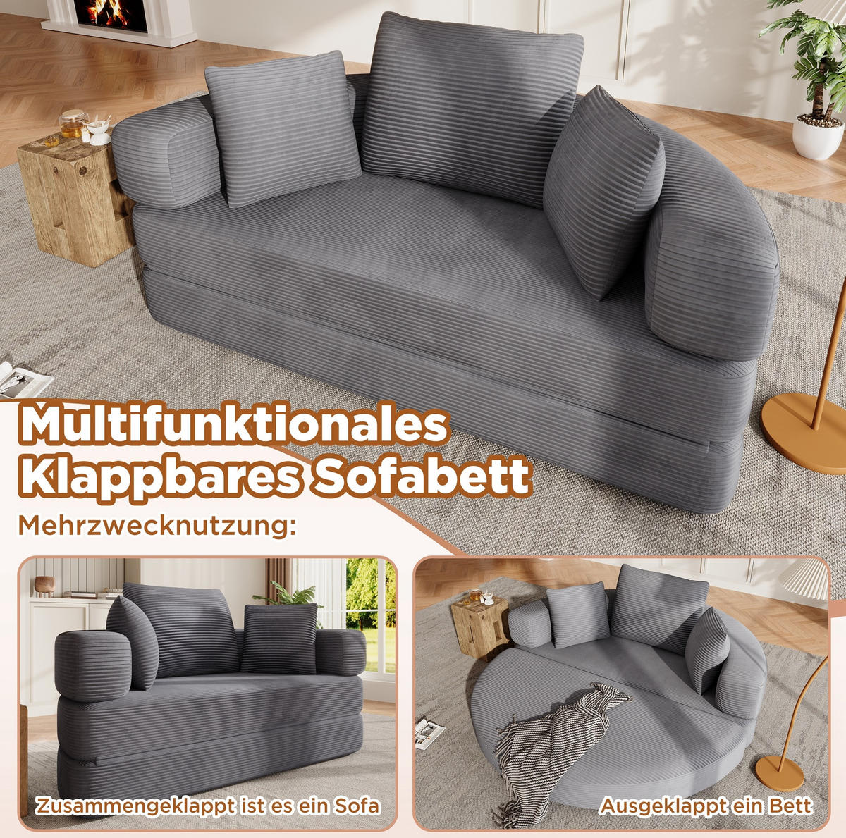 KLAPPSOFABETT Cord Samt-Optik 2-in-1 Sofa und Bett Grau 173/176/40 cm - Grün, Textil (176/40/173cm) - Redom
