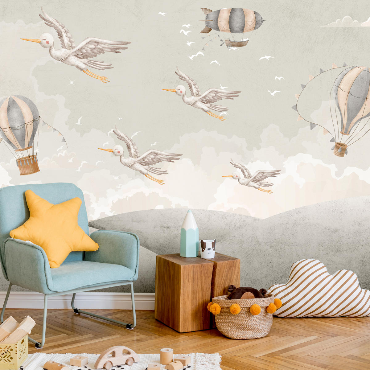 FOTOTAPETE für Kinderzimmer Boho Störche Aquarell Balon Luftschiff Himmel 450x315 - Beige/Weiß, Papier (450/315cm) - Muralo