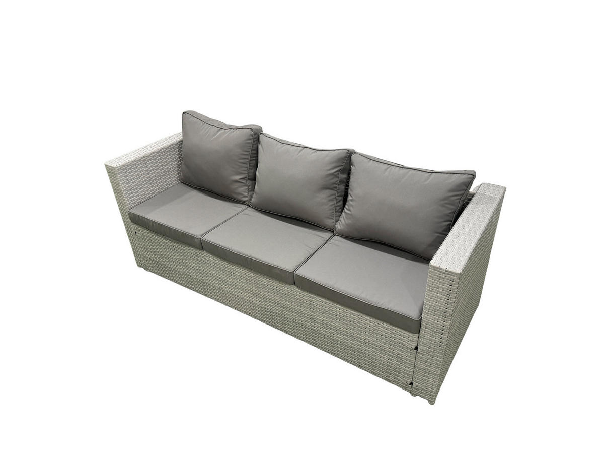 GARTENSET mit Esstisch,Sofa,4 Fußhocker,2 Beistelltischen Polyrattan Hellgrau 10-Sitzer - Hellgrau/Grau, Glas/Kunststoff - Fimous