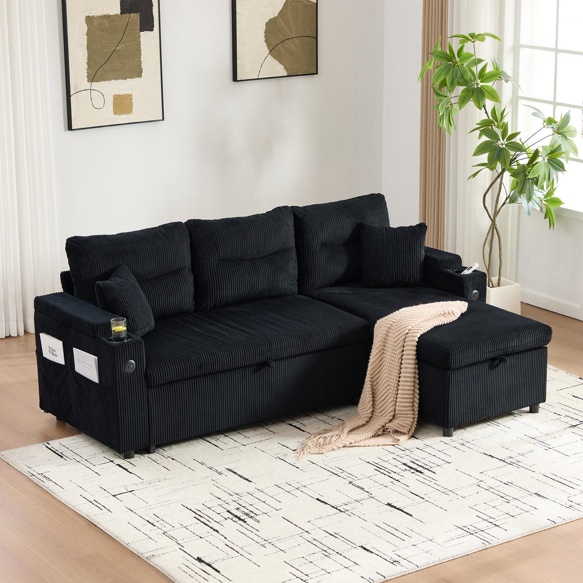ECKSOFA 3-Sitzer Cord mit Stauraum und USB-C, DE-42576, Schwarz - Schwarz, Metall (212.5/136cm) - ComfortXL