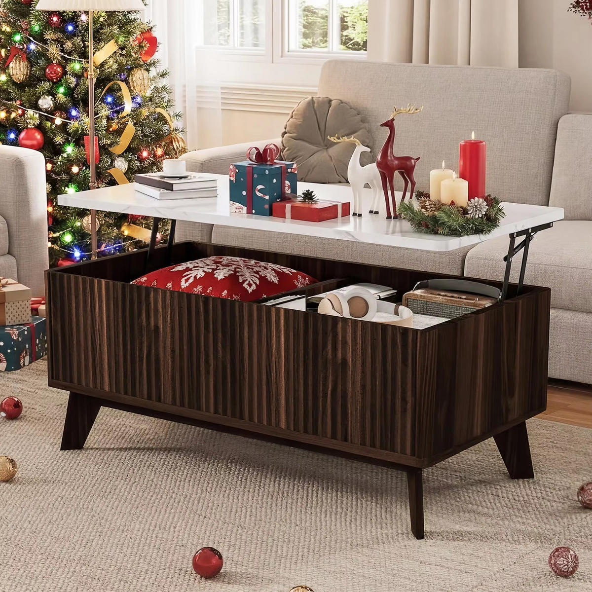 COUCHTISCH 105x42x53 Lift-Top Marmoroptik Walnuss Stauraum - Walnussfarben, Holz (105/53/42cm) - Kaket