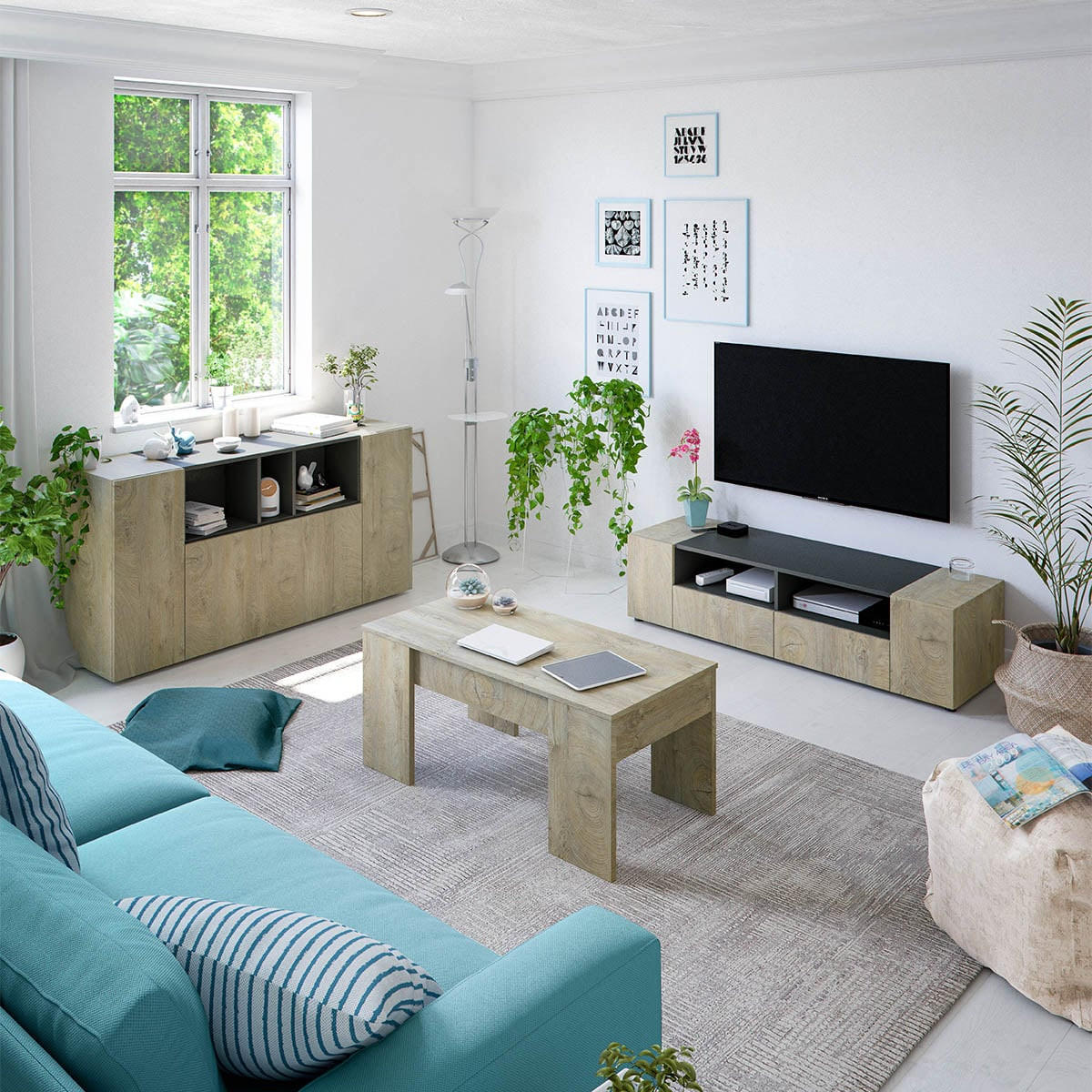 SIDEBOARD mit 3 Türen, davon 1 Flügeltür und 3 Nischen Tamiko - L150cm - Eiche Artisan/Grau, Holzwerkstoff (41/76/150cm) - Calicosy