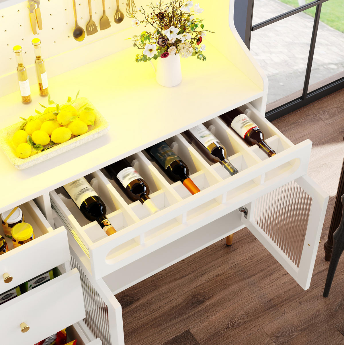 BUFFET 145/171/39 cm Weiß aus MDF und Glas mit LED-Beleuchtung - Weiß, Glas (39/171/145cm) - OKMYHOME