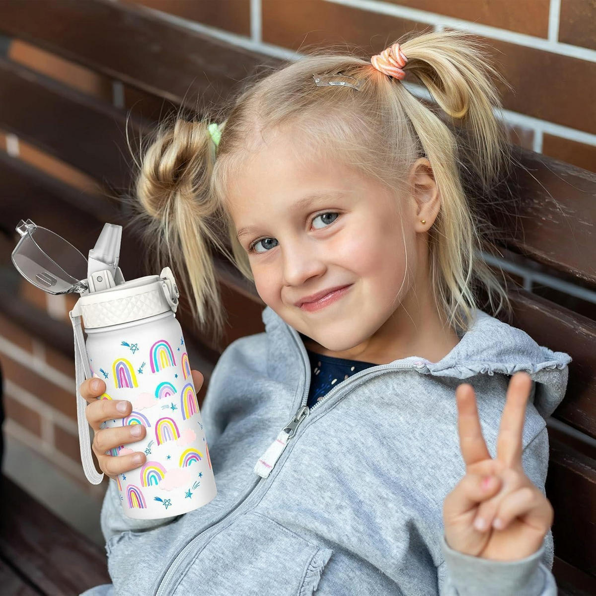 TRINKFLASCHE Kinder 420 ml Edelstahl mit Strohhalm und auslaufsicherem Deckel Weißer Regenbogen - Multicolor, Metall (7.5/7.5cm)
