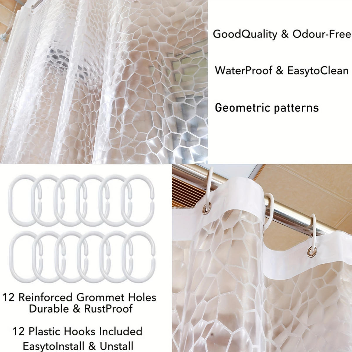 DUSCHVORHANG Weiß PEVA halbdurchsichtig Muster Badezimmer mit Haken - Transparent, Kunststoff (200/180cm) - MCBOSON