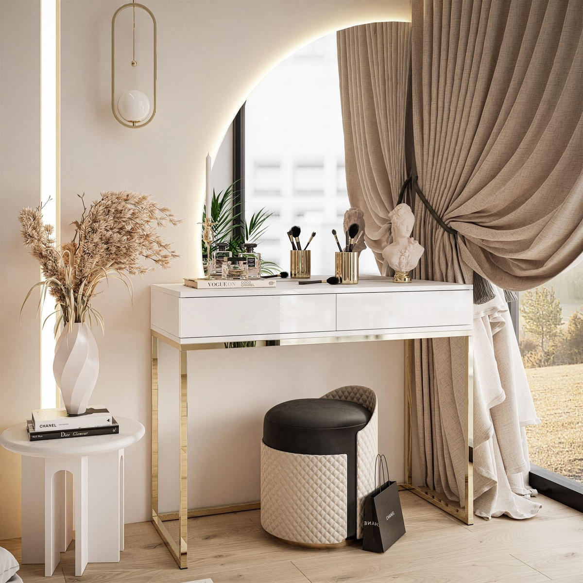 SCHMINKTISCH weiß QUINNIE mit LED-Spiegel gold Chrom links PUSH OPEN - Goldfarben/Weiß, Holzwerkstoff (100/176/42cm) - Lookway