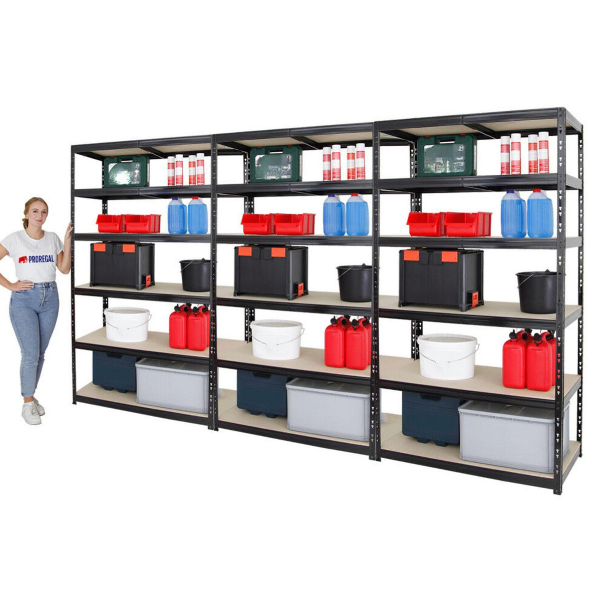 SCHWERLASTREGAL Giant Tiger XL 3er-Set mit 3x 220x120x60 cm Fachlast 265 kg 6-Ebenen Schwarz - Schwarz, Metall (360/220/60cm) - PROREGAL