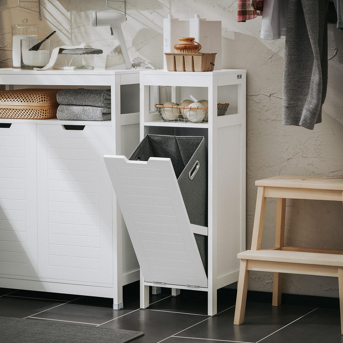 WÄSCHESCHRANK mit Wäschesack Weiß - Weiß, Holzwerkstoff (30/90/30cm) - SoBuy