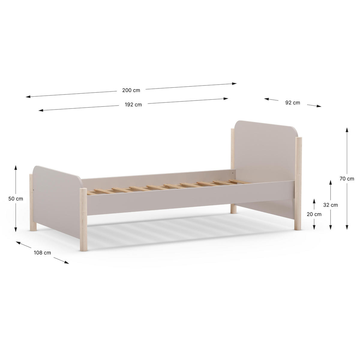 BETT 90x190 cm mit abgerundeten Formen 107,2/199/70 cm - Beige, Holz (190/90cm) - Calicosy