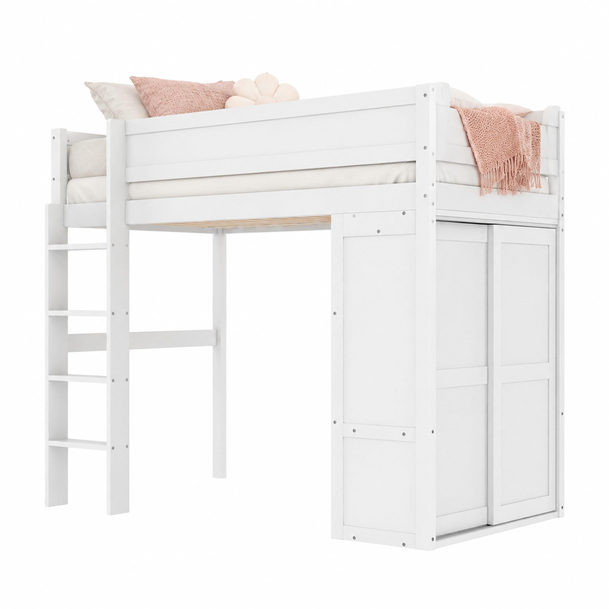 HOCHBETT mit Kleiderschrank und Staufach 90x200 cm Kiefer/MDF Weiß - Weiß, Holz (90/200cm) - Meubliv