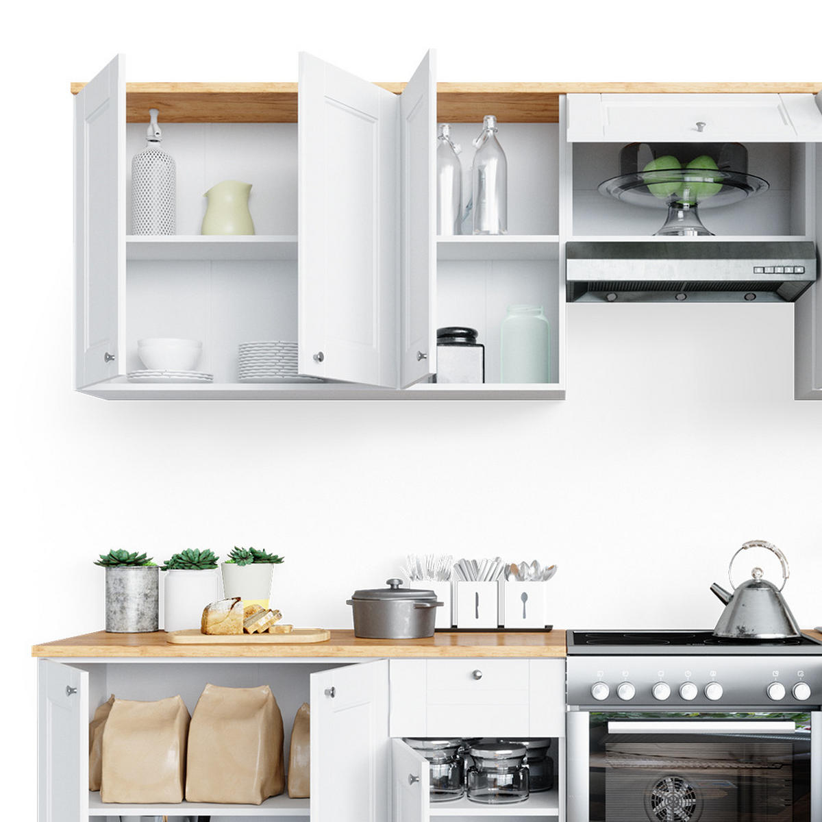 KÜCHENZEILE Bergamo Weiß 240 cm, AP Goldkraft - Honigeiche/Weiß, Holzwerkstoff (240/81.6/60cm) - Vicco