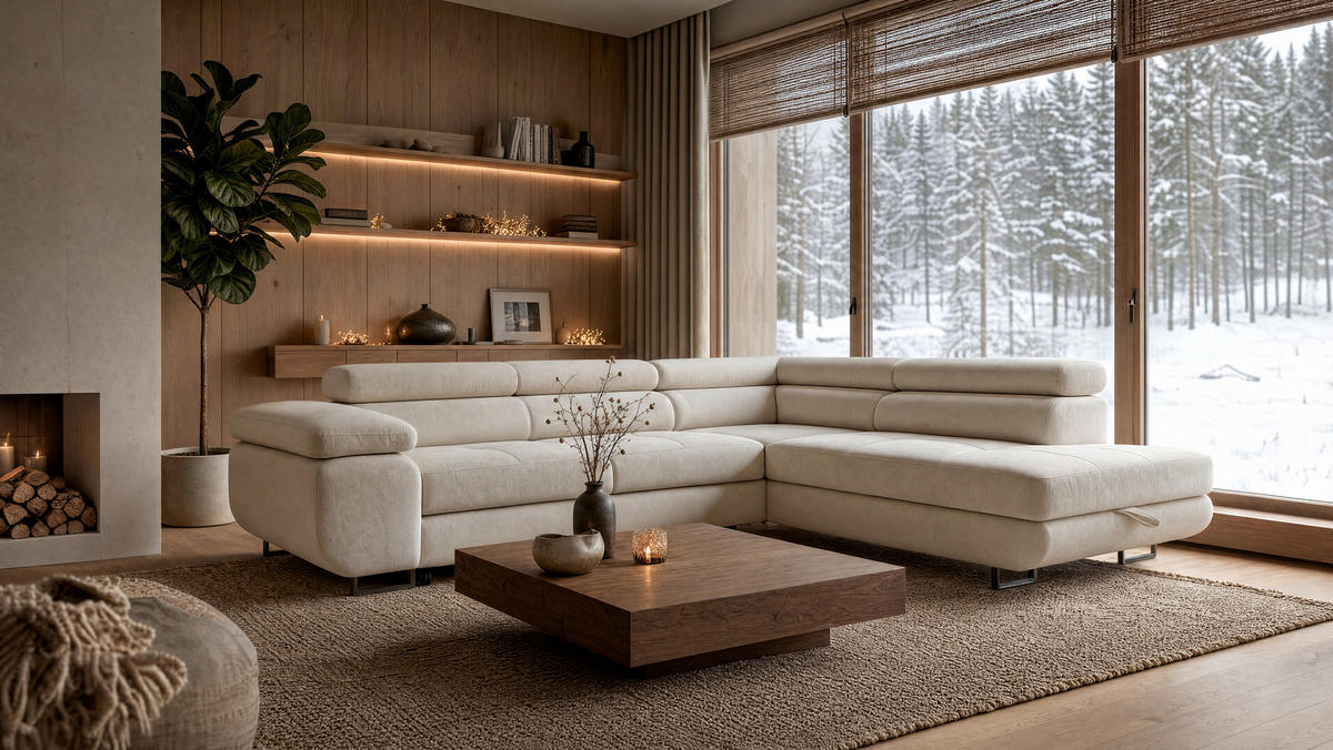 ECKSOFA Velmo mit Bettkasten und Schlaffunktion, verstellbaren Kopfstützen, in L-Form - Beige, Textil (275/203cm)