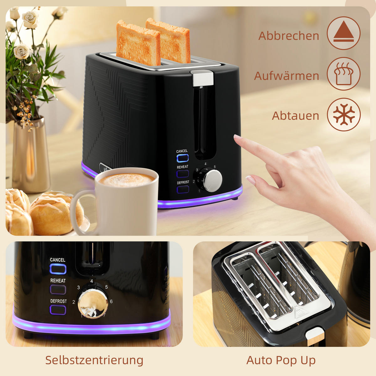 TOASTER mit Wasserkocher DE-07884 Schwarz - Schwarz, Metall (16.7/23.2/22.2cm) - ComfortXL